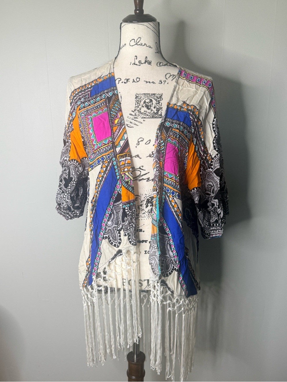 Bohemian Fringe Kimono with Bright Geometric Print